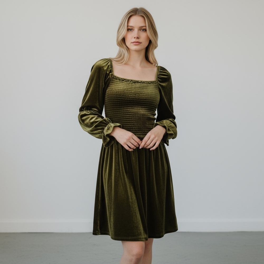 🌻NEW NWOT Tahari ASL Olive Green Velvet Smocked Dress Size 12